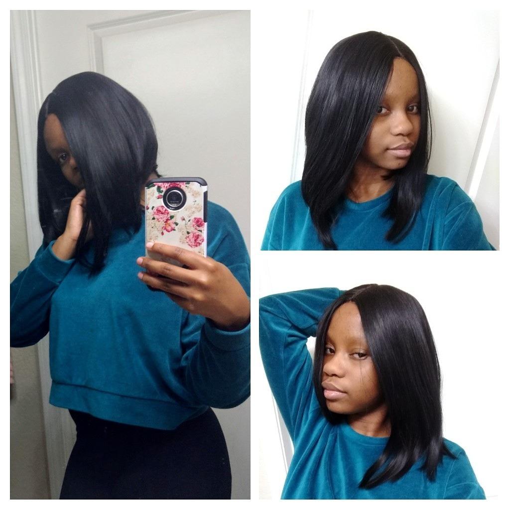 Long Straight Lace Front Human Hair Wigs With Side Bangs 16 Inches