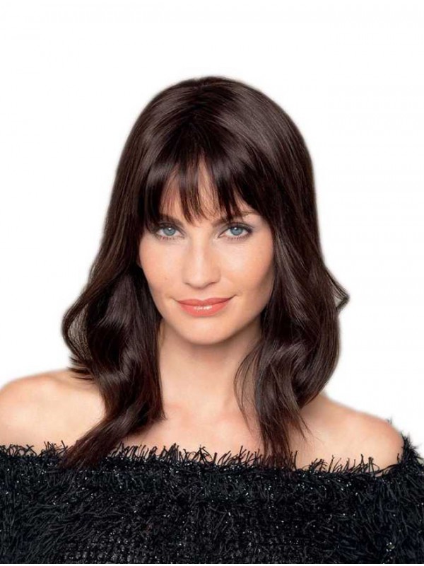16" Wavy Brown With Bangs Best Hand-Tied Wigs