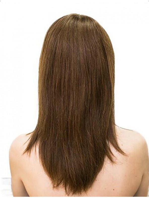 Long Monofilament Straight With Bangs Brown Sleek Human Hair Wigs