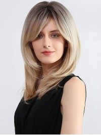 16" Women Ombre Blonde Wigs With Bangs Synthetic Wigs