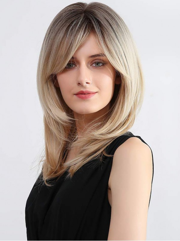 16" Women Ombre Blonde Wigs With Bangs Synthetic Wigs