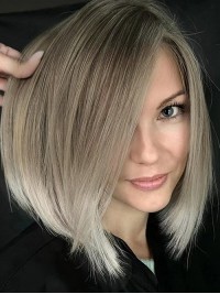 Medium Straight Gray Bobs Lace Front Synthetic Wigs