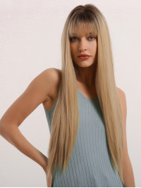 Long Straight Middle Parting Natural Blonde Wig Synthetic Wig With Bangs