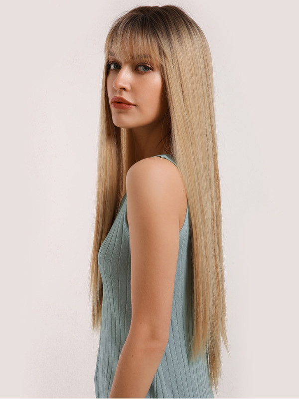 Long Straight Middle Parting Natural Blonde Wig Synthetic Wig With Bangs