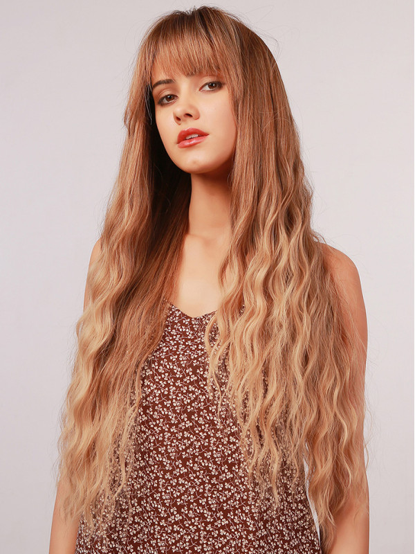 Long Wavy Synthetic With Bangs Capless Wig For Women