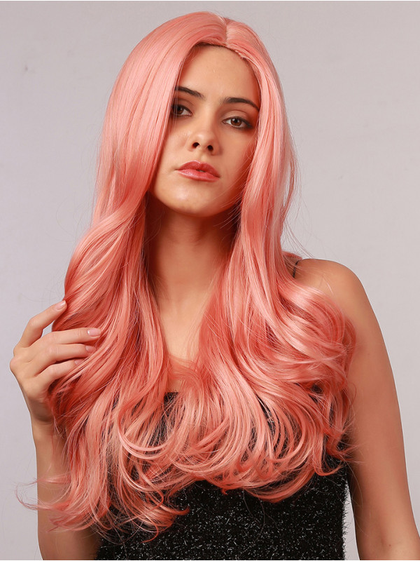 Long Body Wave Pink 20" Capless Synthetic Wigs Without Bangs For Cosplay Halloween Wig