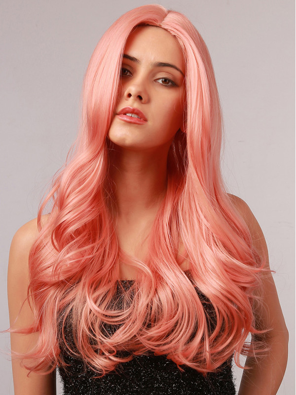 Long Body Wave Pink 20" Capless Synthetic Wigs Without Bangs For Cosplay Halloween Wig