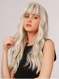 Long Platinum Blonde Wavy Synthetic Wigs With Bangs