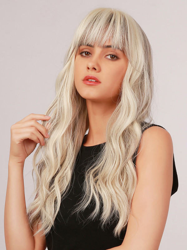 Long Platinum Blonde Wavy Synthetic Wigs With Bangs