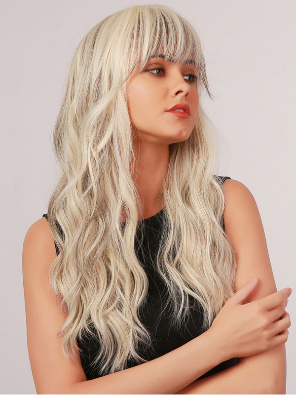 Long Platinum Blonde Wavy Synthetic Wigs With Bangs