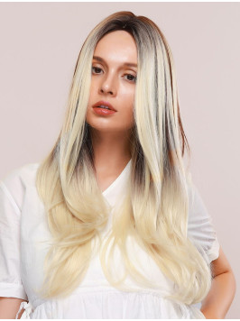 Long Straight Platinum Blonde Layered Synthetic Wi...