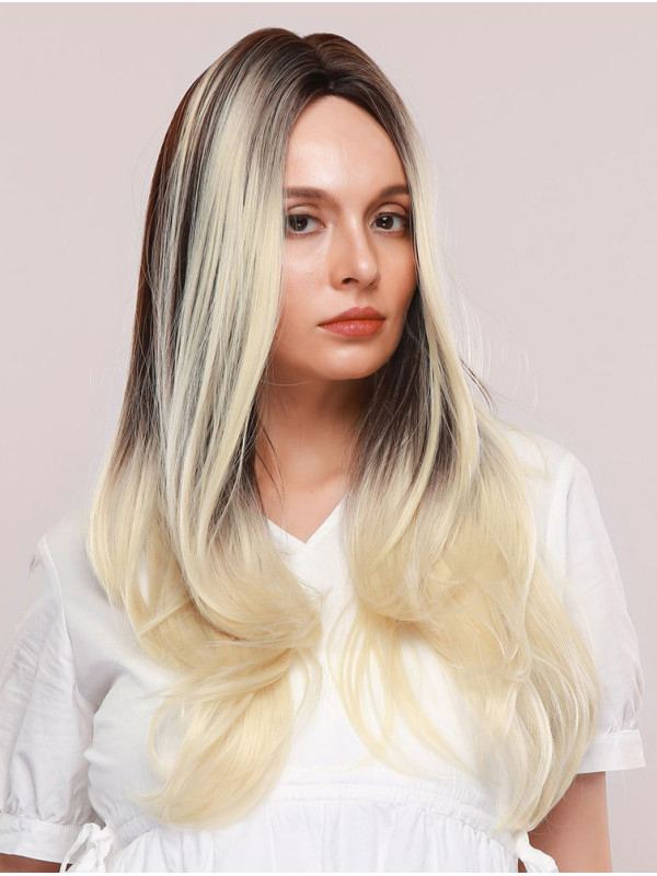 Long Straight Platinum Blonde Layered Synthetic Wigs Without Bangs