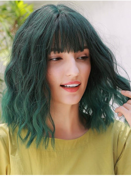 14" Ombre Green Bob Synthetic Wigs With Bangs...