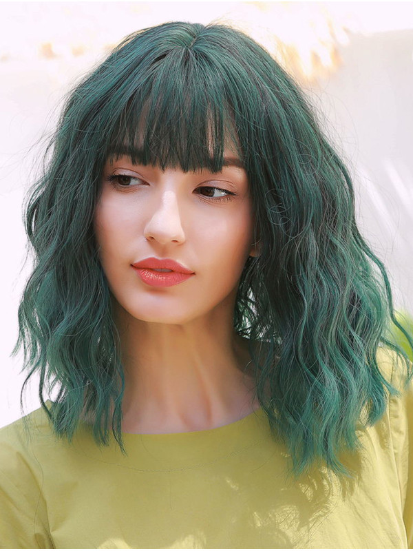 14" Ombre Green Bob Synthetic Wigs With Bangs For Cosplay Halloween Wig