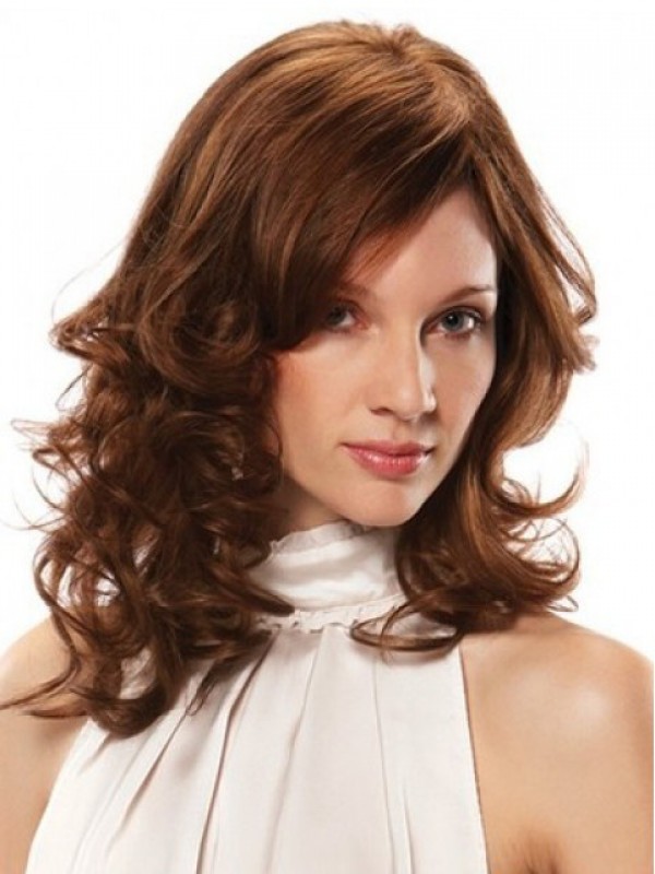Layered Long Brown Wavy Lace Front Remy Human Hair Wigs With Side Bangs 16 Inches