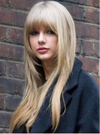 Blonde Layered Long Straight Capless Human Hair Wigs With Bangs