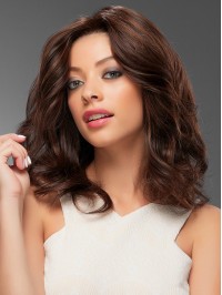 Brown Long Wavy Monofilament Human Hair Wigs With Side Bangs 16 Inches